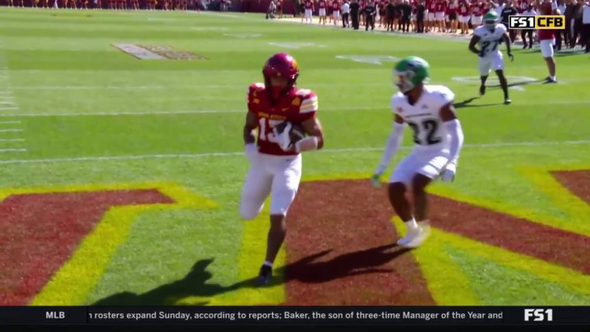 Rocco Becht links up with Jaylin Noel on a 14-yard TD pass, extending Iowa State's lead over North Dakota