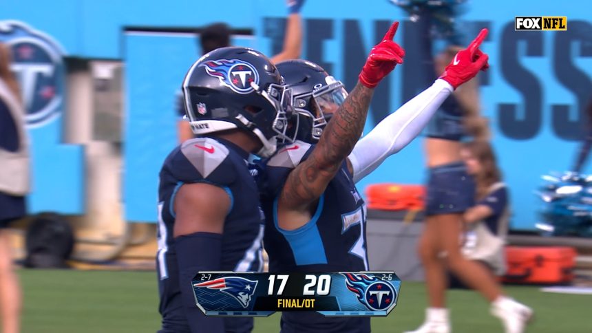 Titans' Amani Hooker intercepts Drake Maye's pass to seal a 20-17 overtime victory over Patriots