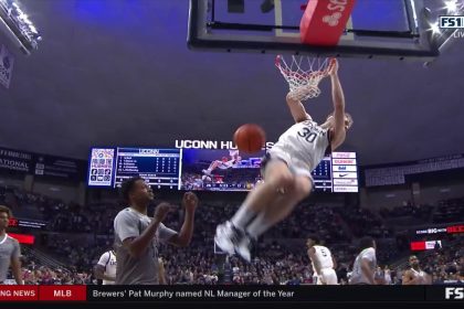 UConn's Hassan Diarra's steal sets up Liam McNeeley for a amazing slam dunk vs. East Texas A&M