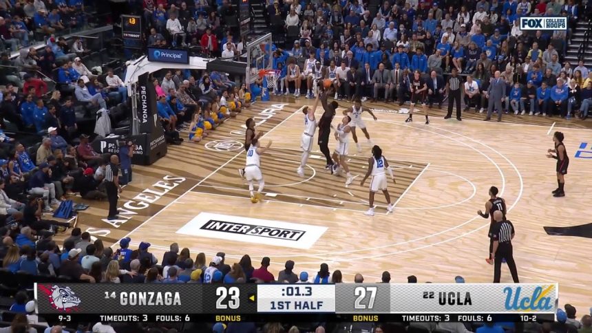 Graham Ike makes a buzzer-beating shot to help Gonzaga trim into UCLA's lead going into half