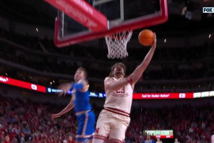 Andrew Morgan intercepts pass and finishes smooth reverse layup to extend Nebraska's lead over UCLA