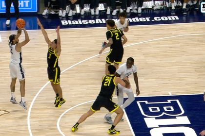 Freddie Dilione drains a tough step-back three-pointer to give Penn State a 66-59 lead over Oregon