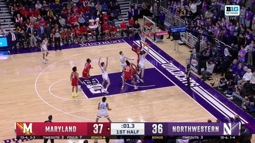 Nick Martinelli lays it in to beat the halftime buzzer, giving Northwestern a lead over Maryland