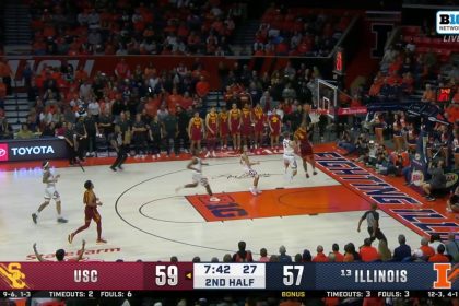 Wesley Yates III hammers the jam on the fastbreak, extending USC's lead over Illinois