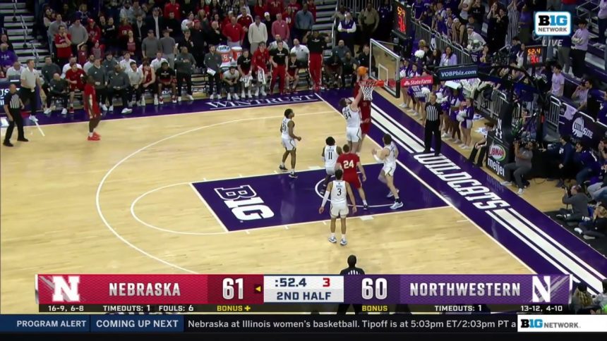 Braxton Meah makes a layup off the assist from Rollie Worster in Nebraska's 68-64 win over Northwestern