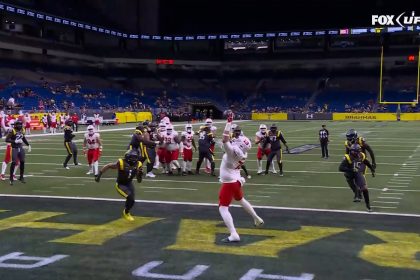 Jordan Ta'amu finds G Gunner Britton for a TD, extending Defenders' lead over Brahmas