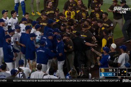Benches clear after Padres' Fernando Tatis gets hit with pitch by Dodgers' Jack Little