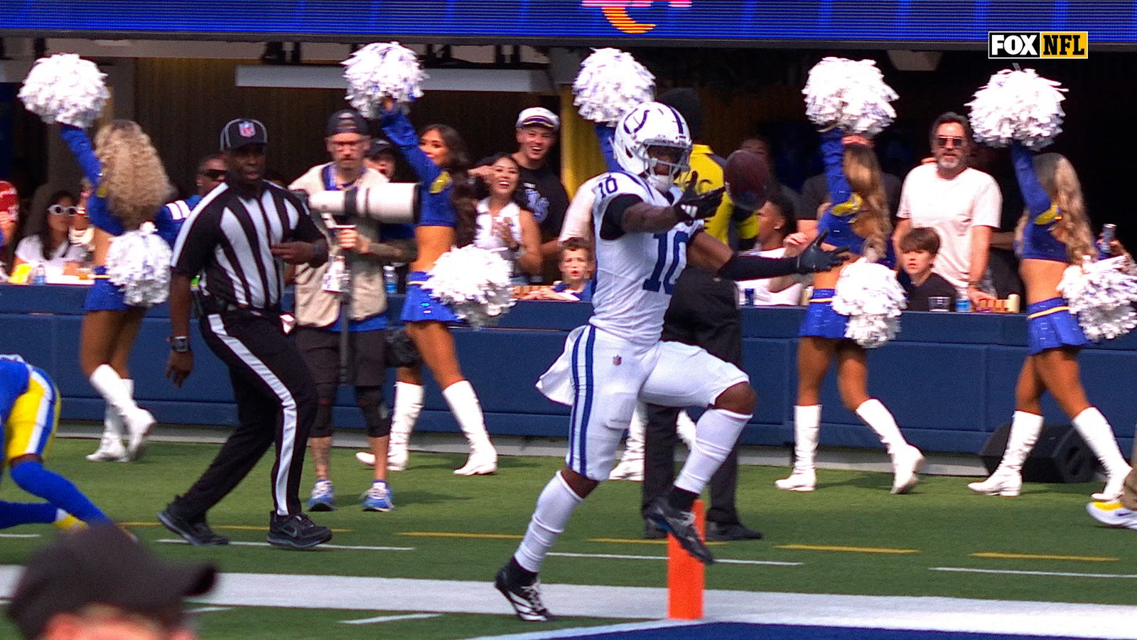Colts' Adonai Mitchell drops football crossing goal line causing a touchback 