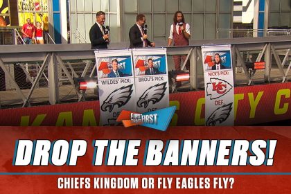 Nick Wright, Chris Broussard and Kevin Wildes drop their banners in Kansas City ahead of Chiefs-Eagles | First Things First