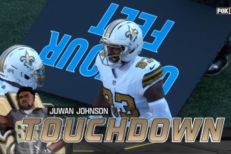Tyler Shough connects with Juwan Johnson on a 30-yard TD pass, extending Saints lead over Panthers