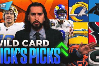 Rams (-10.5), Chargers (+3.5) and Jaguars (+1.5) highlight Nick Wright's Wild Card Picks | First Things First